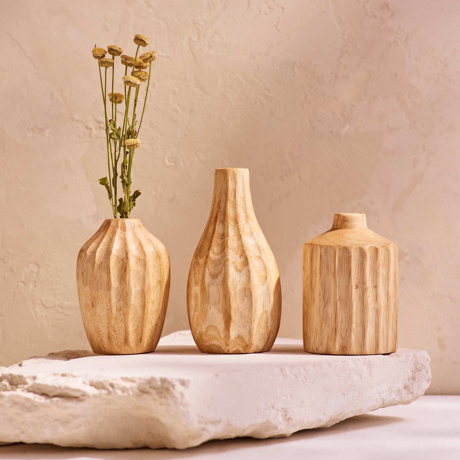 Kiln Mango Carved Mini Vases, Set of 3