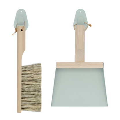 Andree Jardin "Mr &amp; Mrs Clynk" Grey Green NATURAL Hand Brush, Dustpan and Wall Hooks