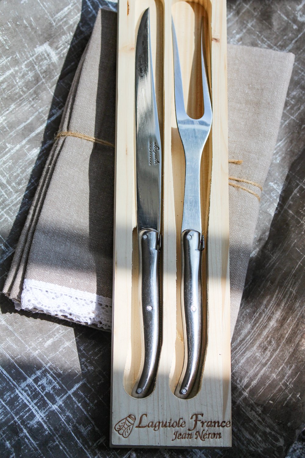 Laguiole Platine Carving Set Stainless Steel in wood box 23547P