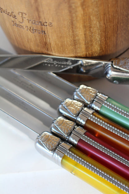 Laguiole 6 Piece Steak Knife Set, Platine Rainbow in Wood Box with Acrylic Lid