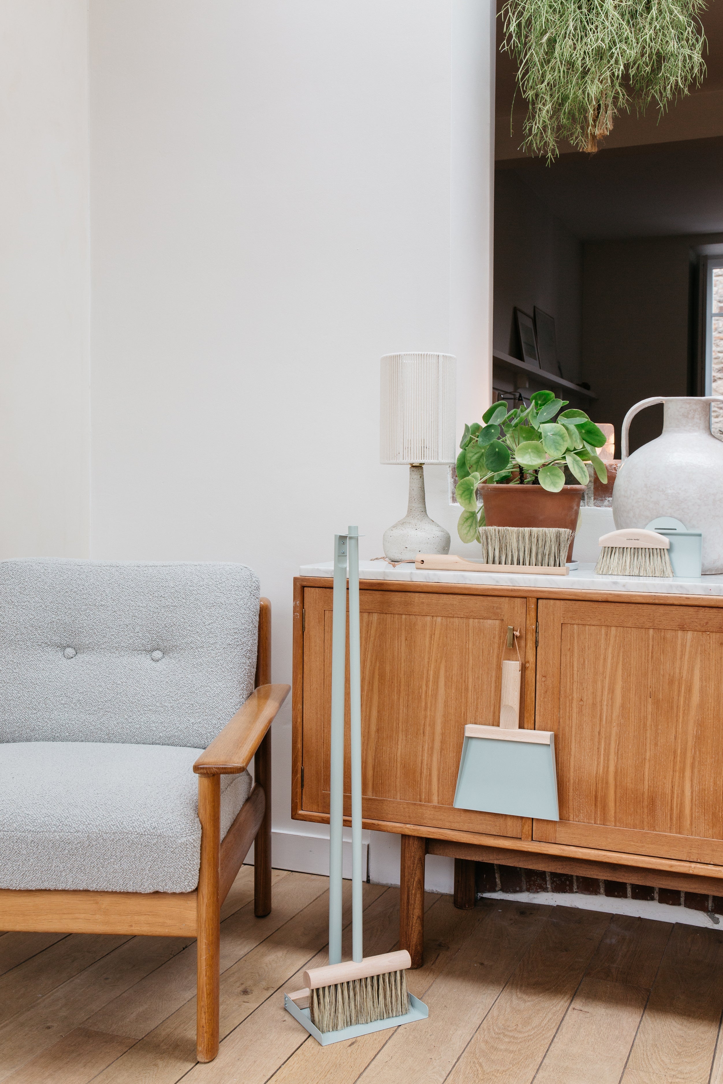 Andree Jardin "Mr &amp; Mrs Clynk" Grey Green NATURAL Hand Brush, Dustpan and Wall Hooks