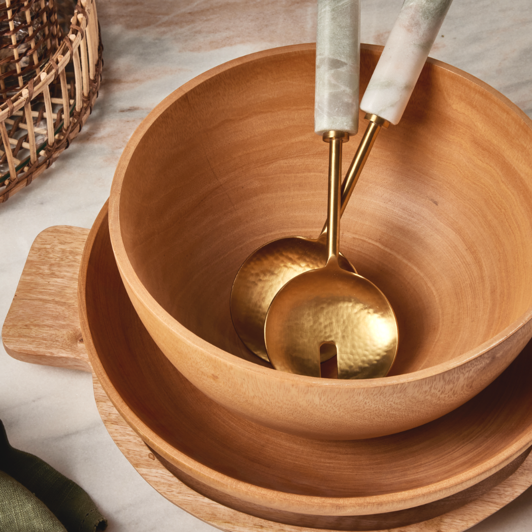 Handmade Mango Wood Decorative Wooden Salad Bowl Set With Matching