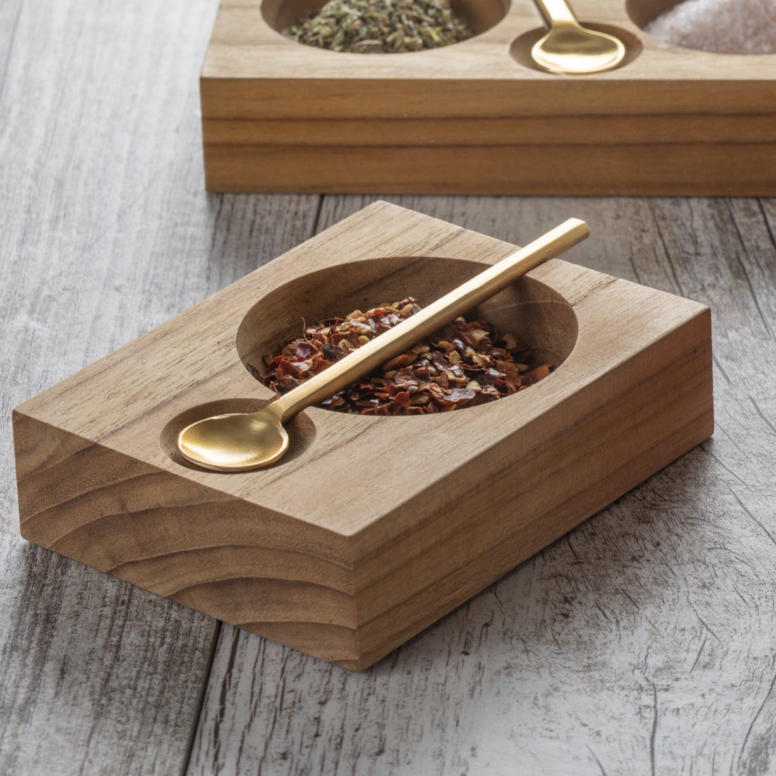 Teak Plank Spice Cellar with Gold Spoon