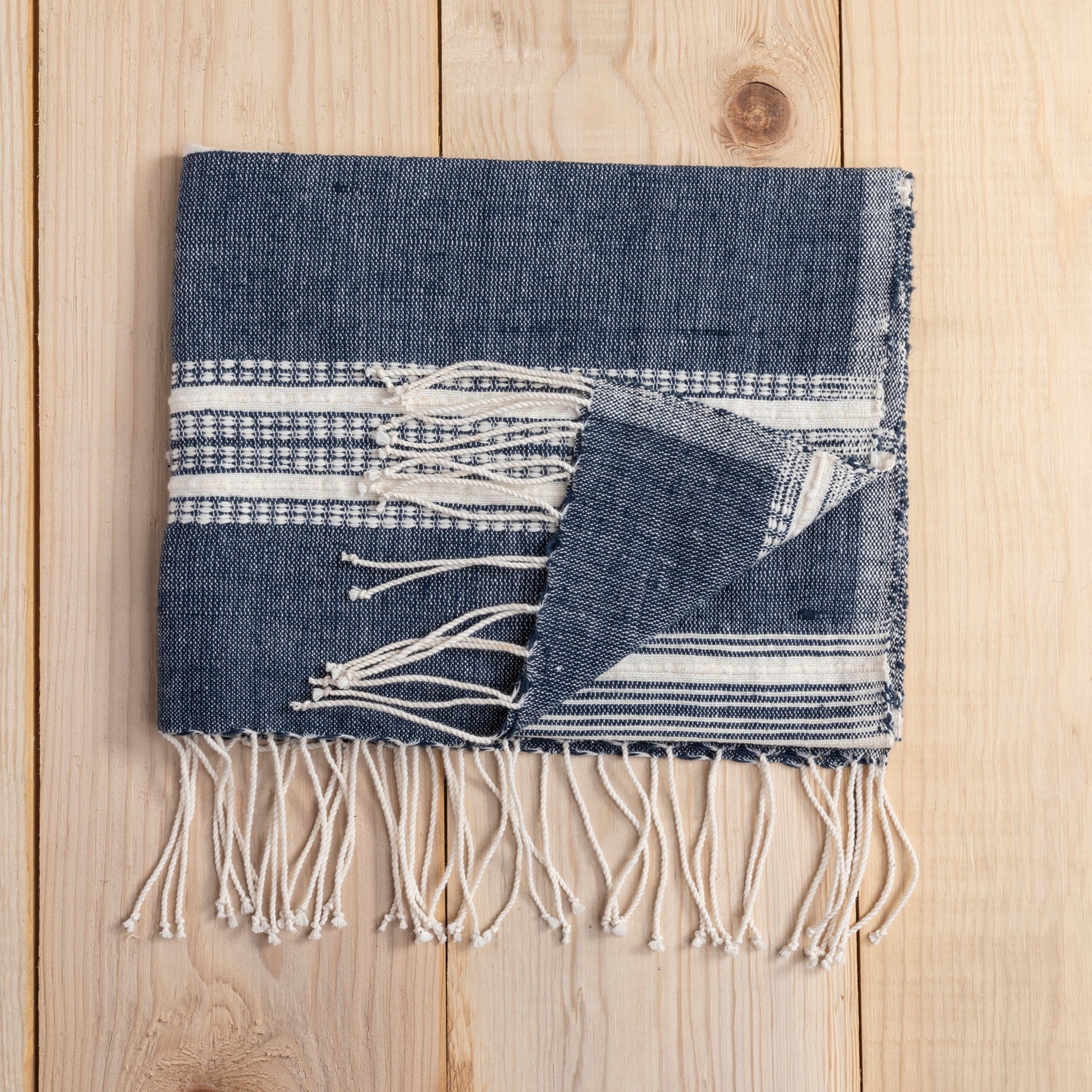 Aden Cotton Hand Towel, Navy with Natural