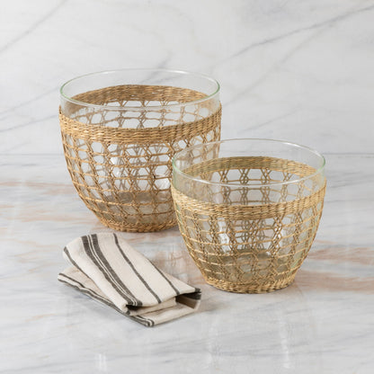 Glass salad bowl with woven rattan holder