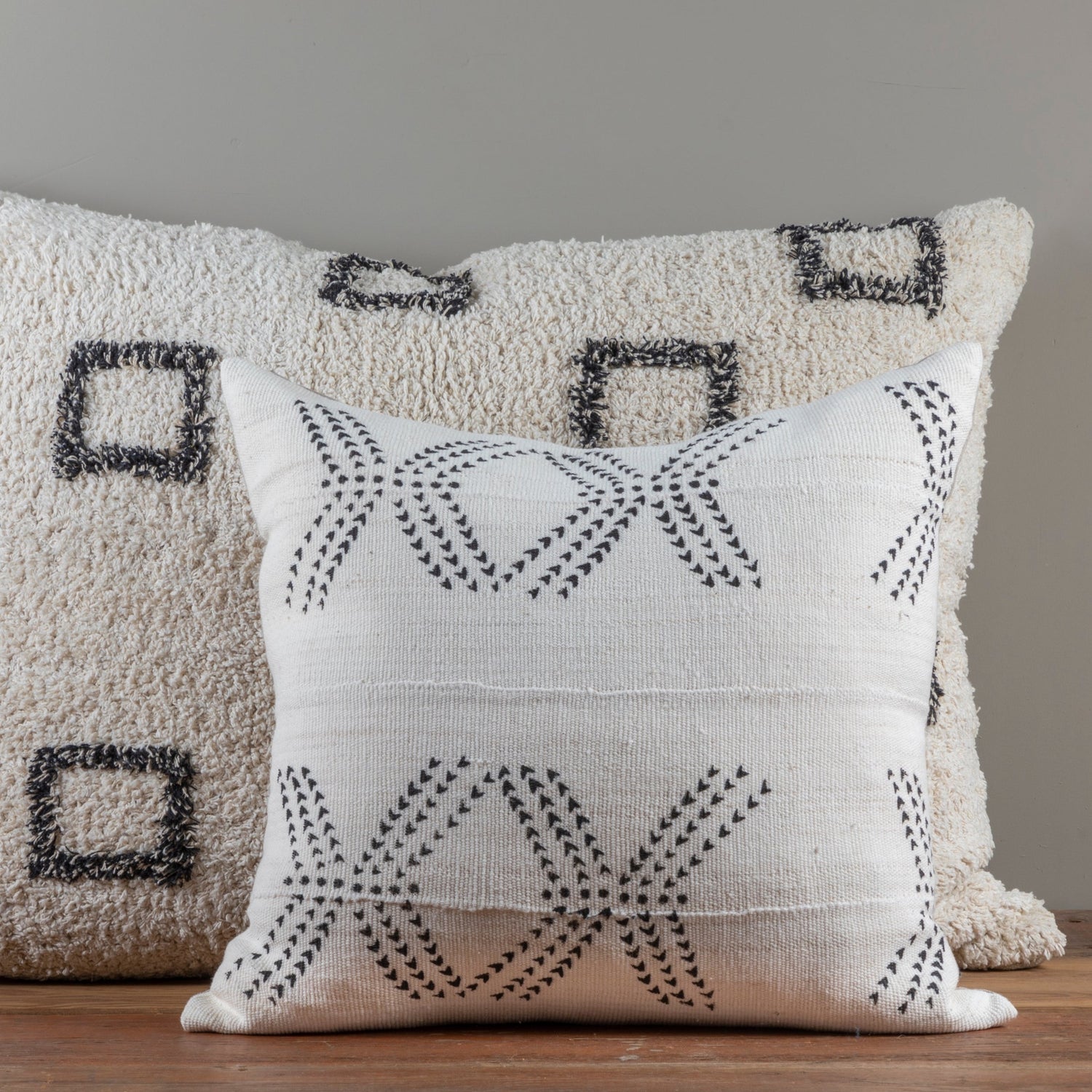 Mud Cloth Square Pillow, White with Tracks