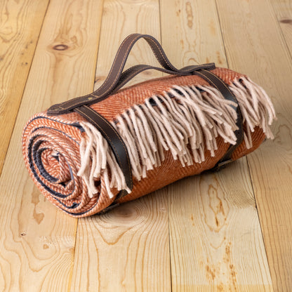 Recycled Wool Waterproof Picnic Blanket in Rust Herringbone - Brown Leather