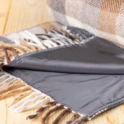 Recycled Wool Waterproof Picnic Blanket in Neutral Herringbone Check - Taupe Leather