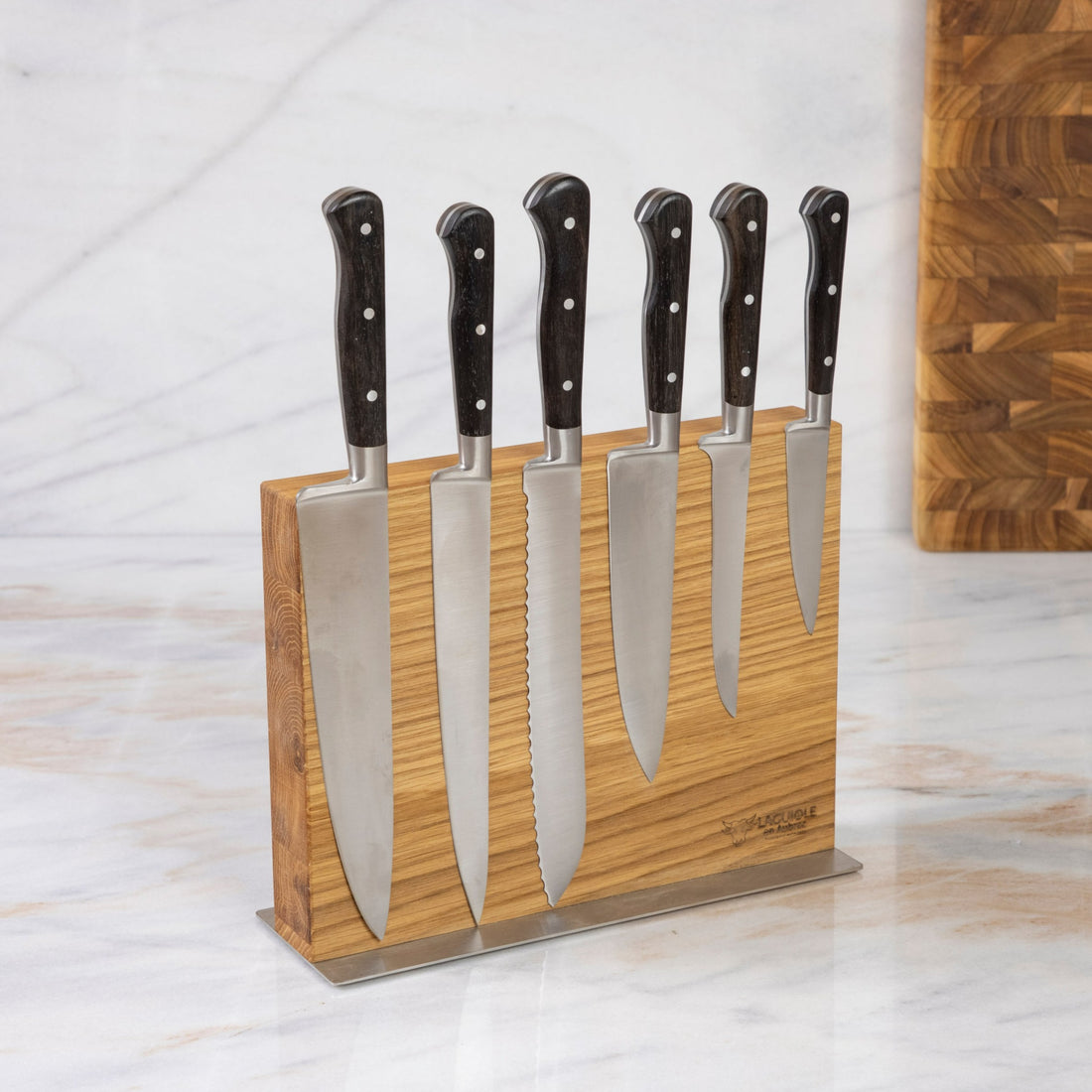 Laguiole en Aubrac Kitchen Knives with Oak Block, Set of 6, Ebony