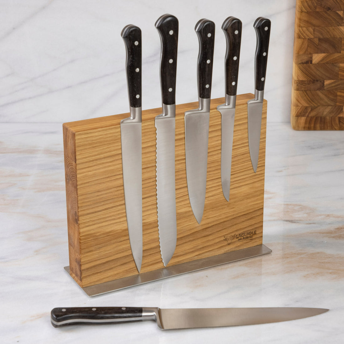 Laguiole en Aubrac Kitchen Knives with Oak Block, Set of 6, Ebony