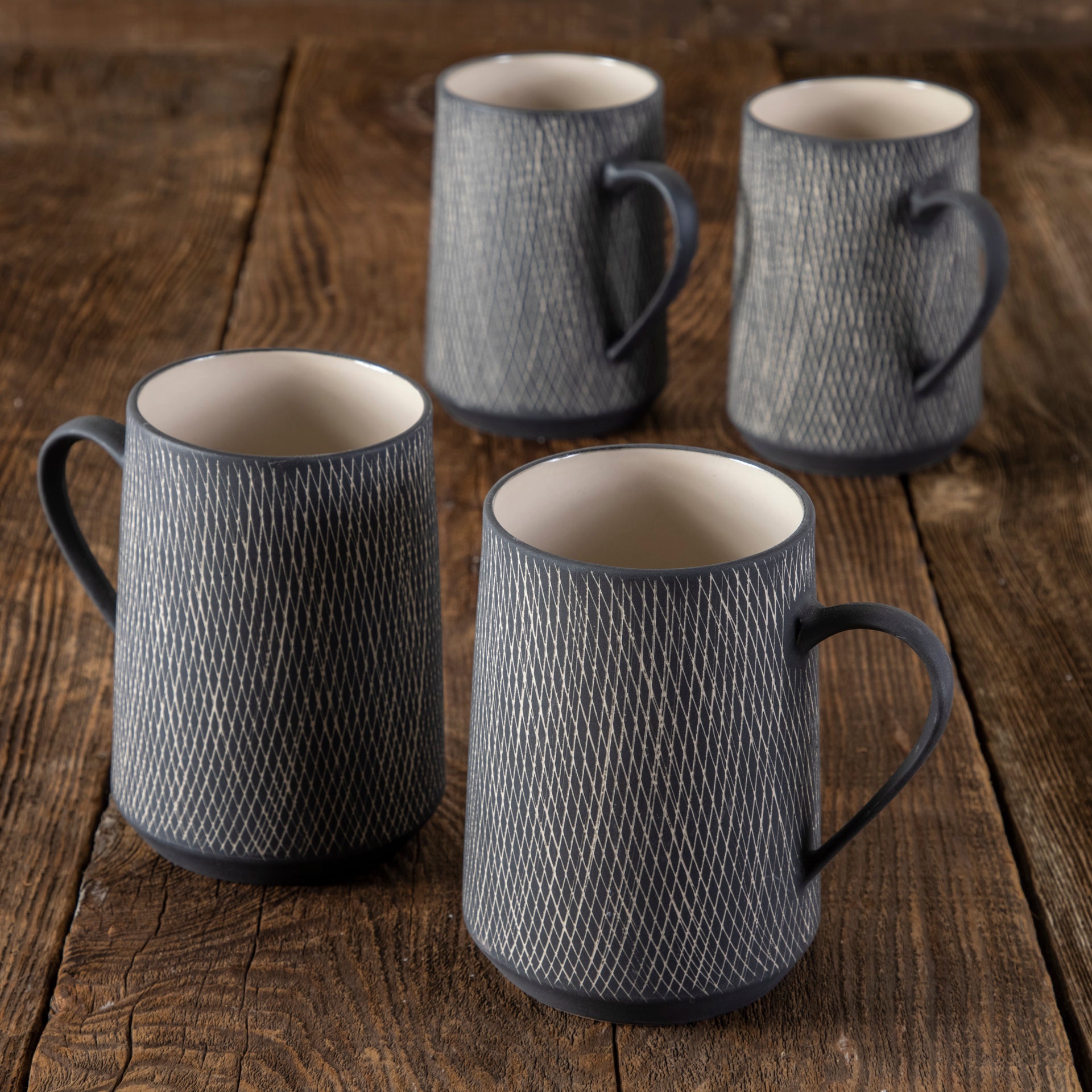 Black Crosshatch Mugs, Set of 4