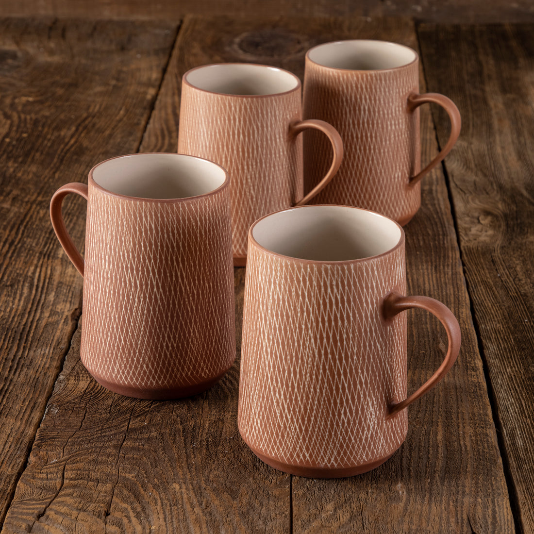Rust Crosshatch Mugs, Set of 4