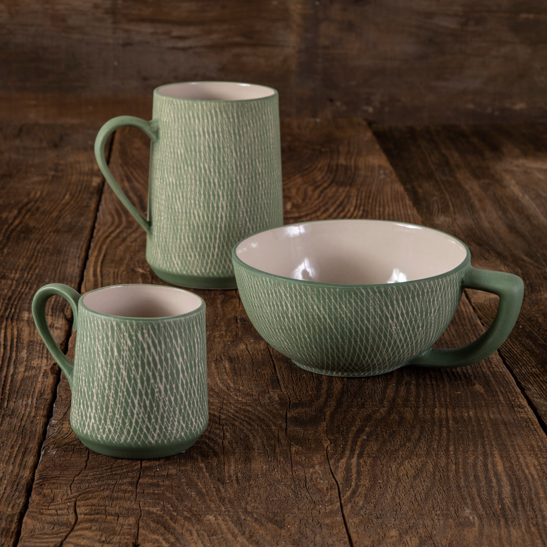 Jade Crosshatch Latte Mugs, Set of 4