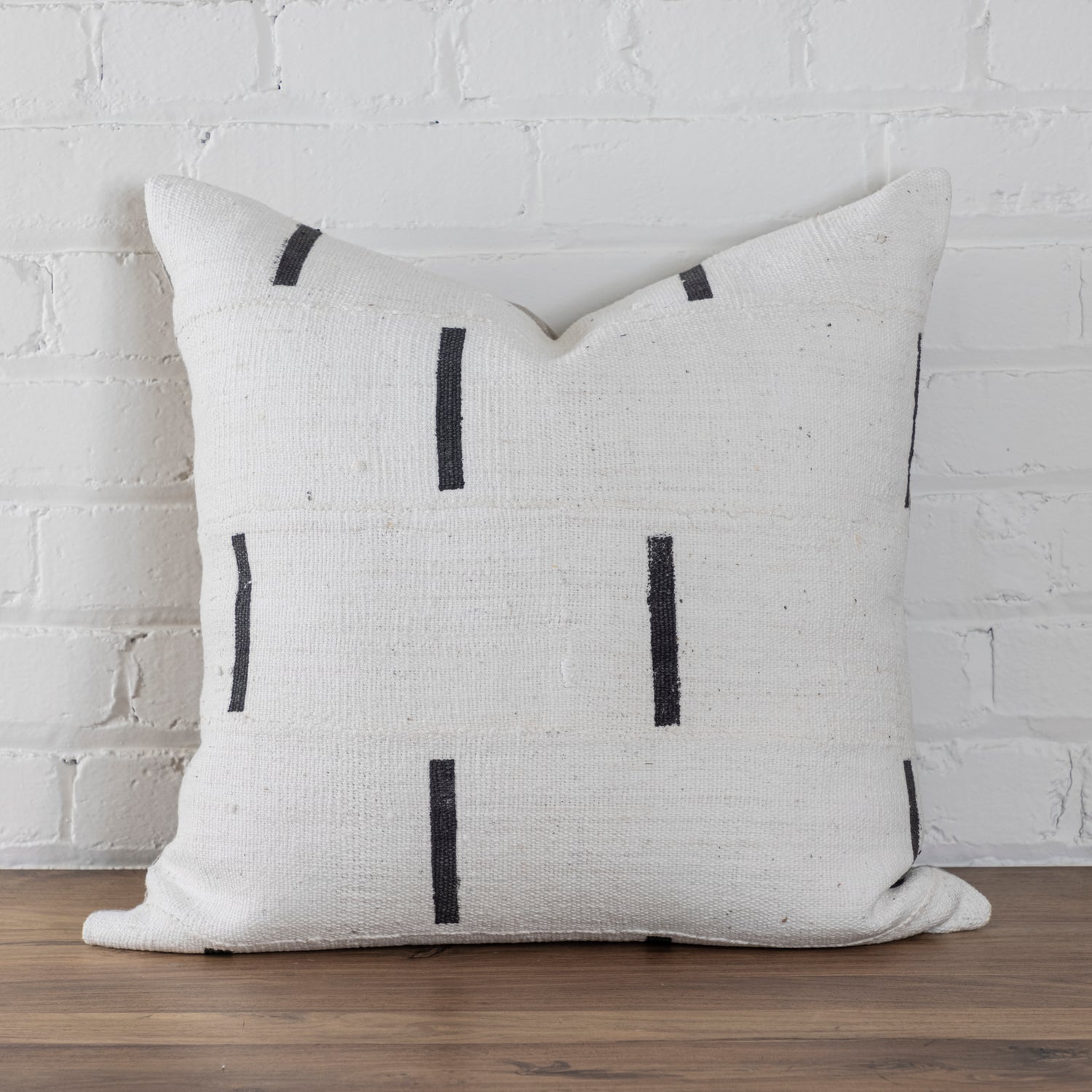 Mud Cloth Square Pillow, White with Black Dashes