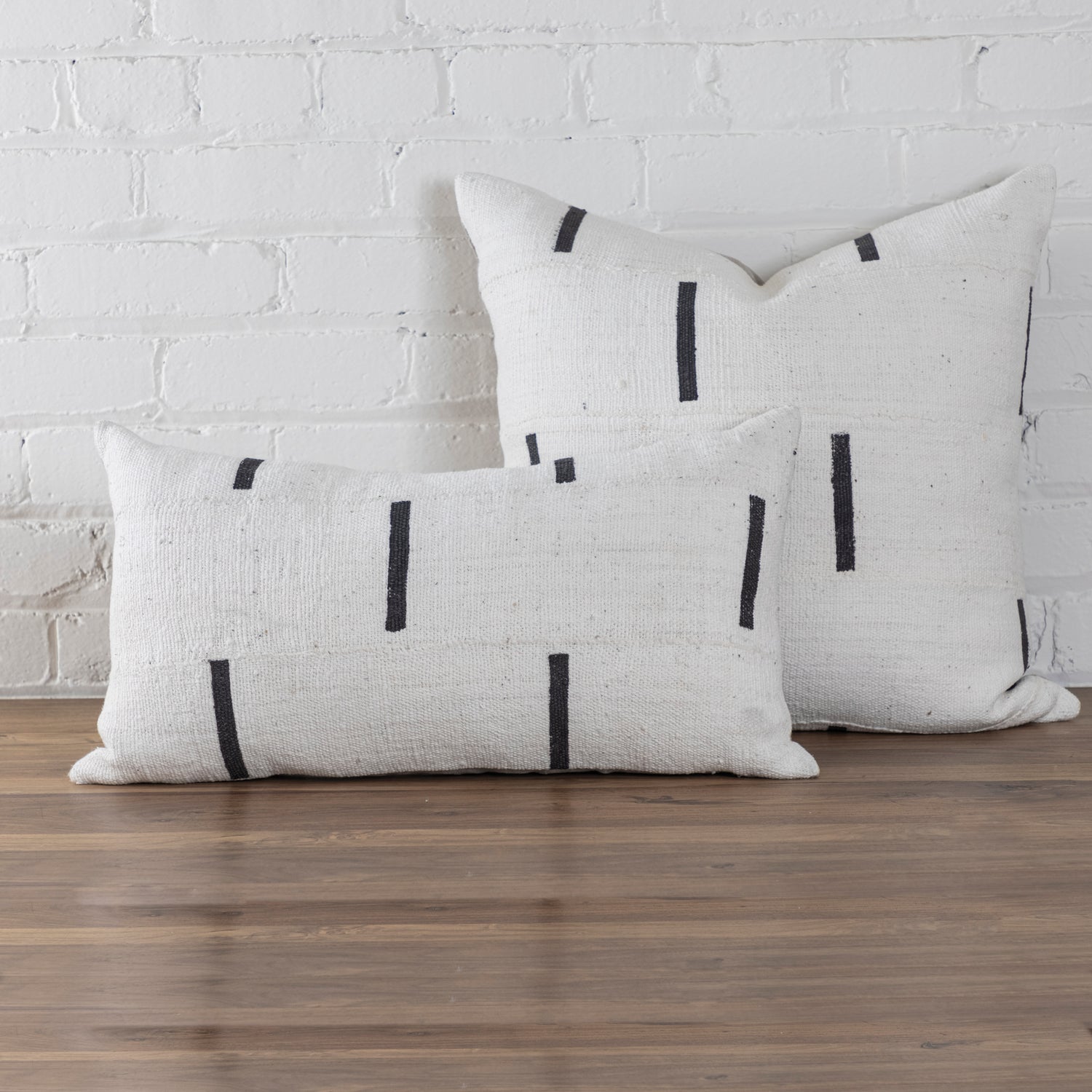 Mud Cloth Square Pillow, White with Black Dashes