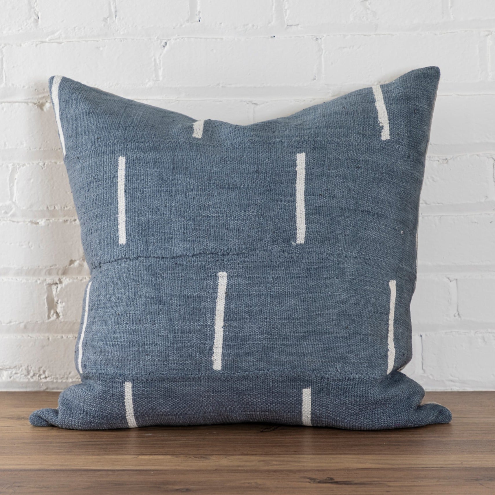 Mud Cloth Square Pillow, Blue / Grey with Dash Pattern