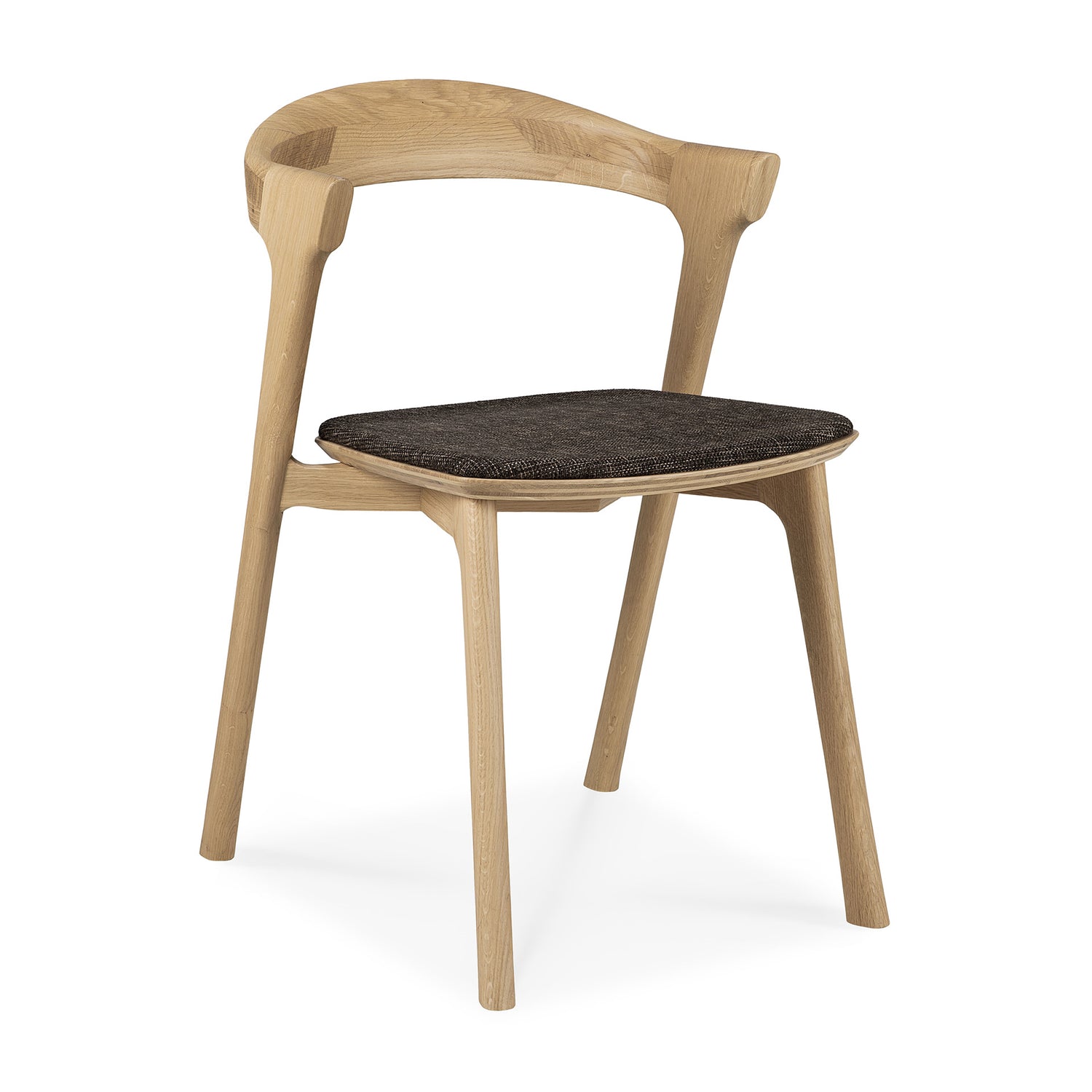 Bok Solid Oak Dining Chair, Varnished with Dark Brown Fabric Cushion