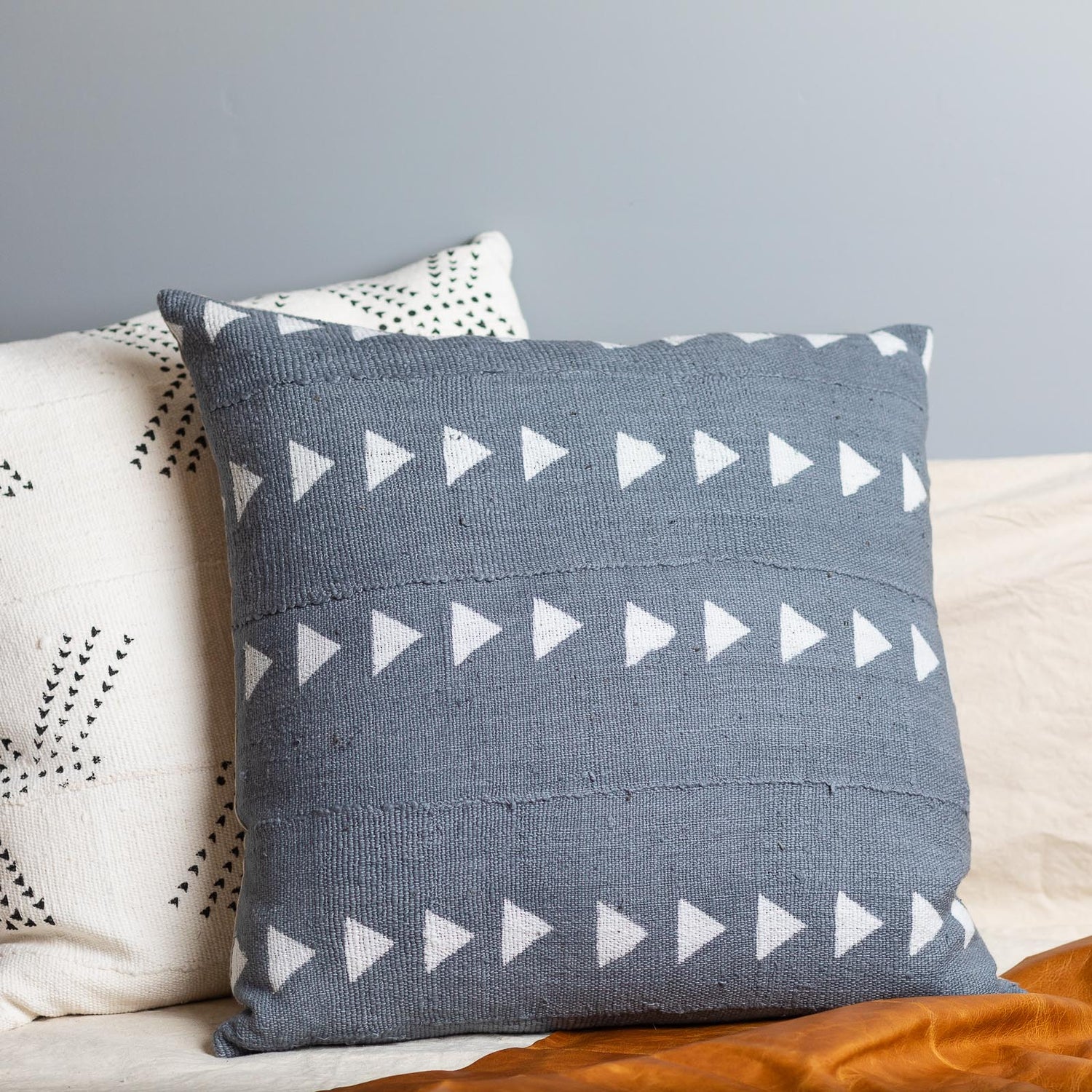 Mud Cloth Square Pillow, Blue / Grey with Triangles