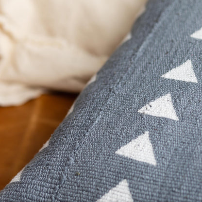Mud Cloth Square Pillow, Blue / Grey with Triangles