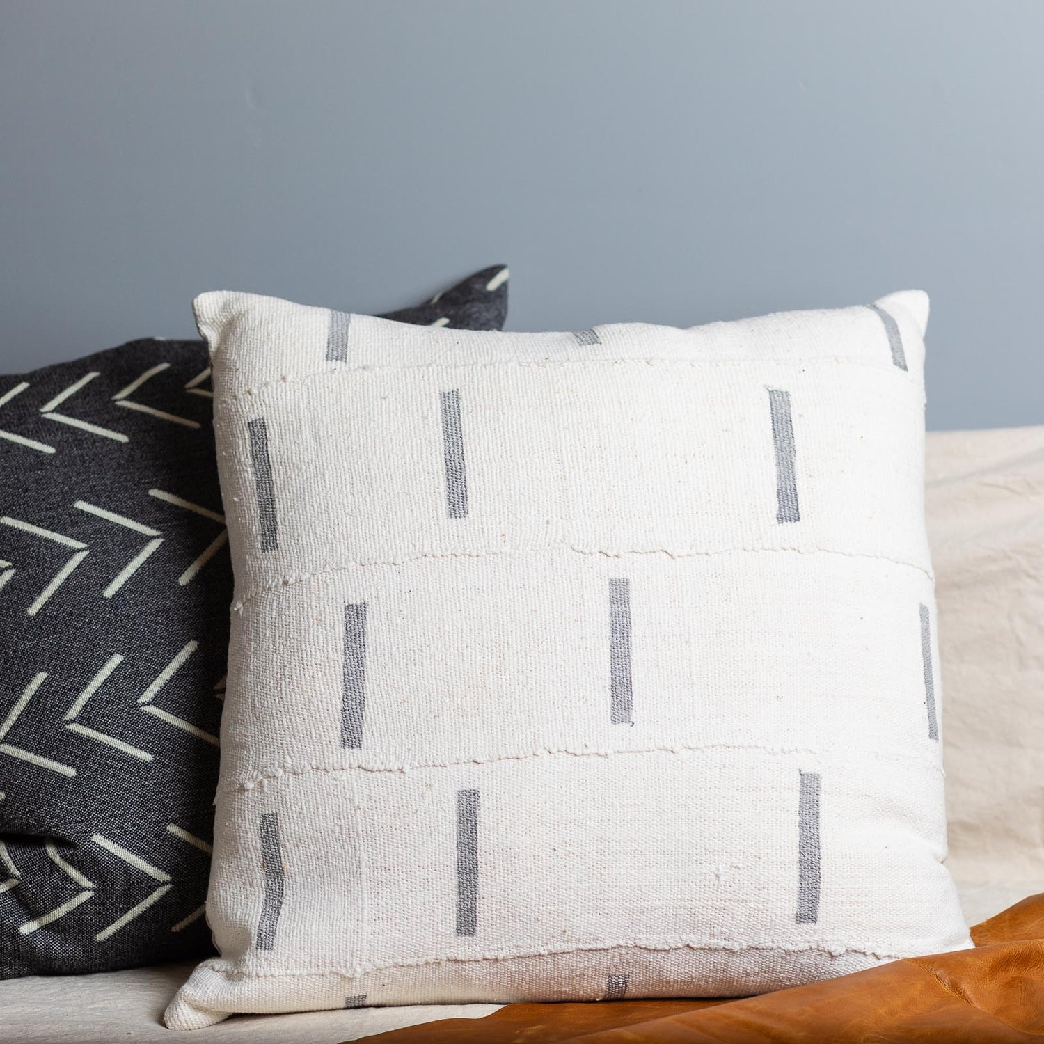 Mud Cloth Square Pillow, White with Grey Dashes
