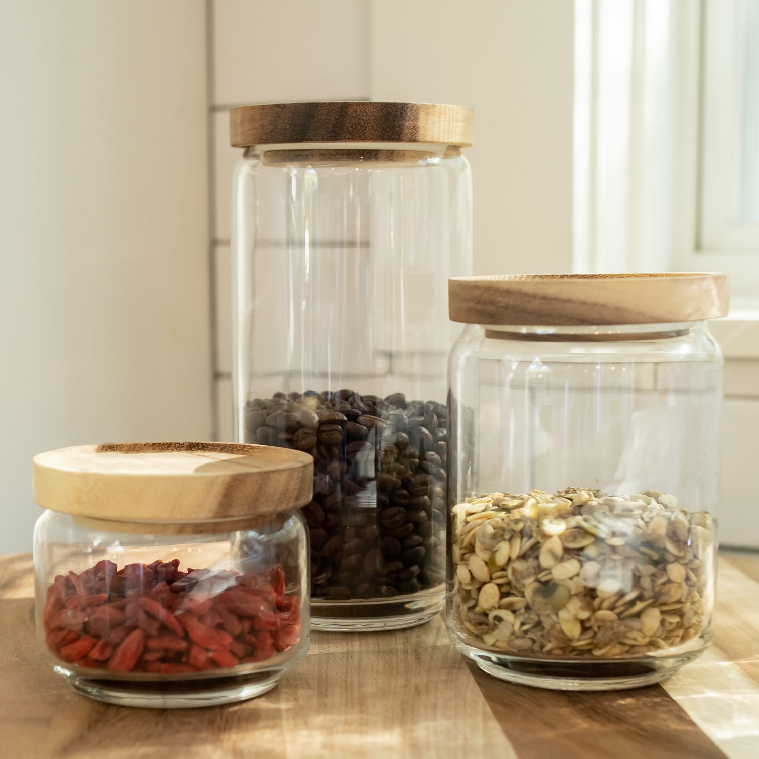 Acacia Food Glass Storage Jars