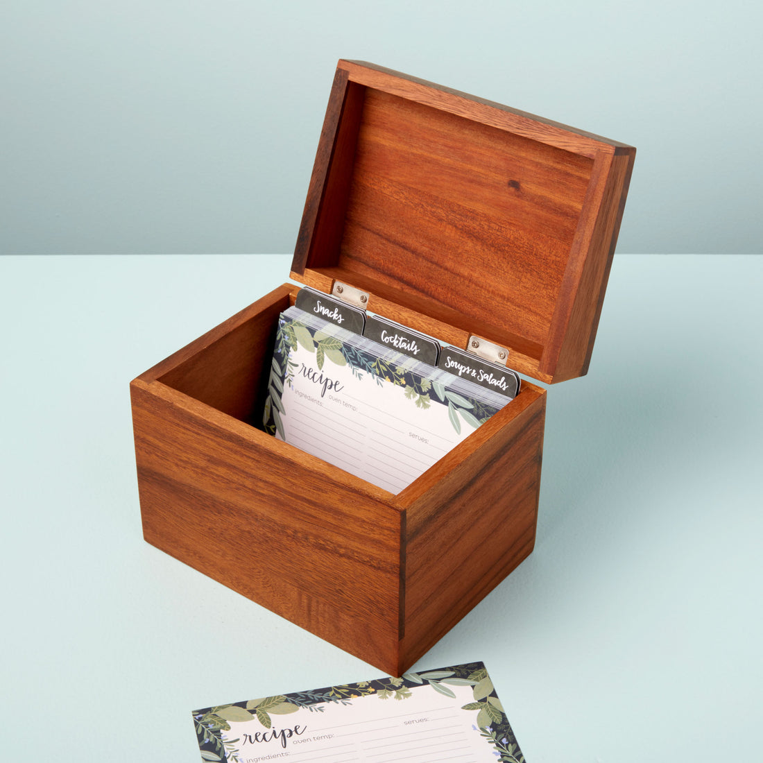 Acacia Wood Recipe Box &amp; Cards Set