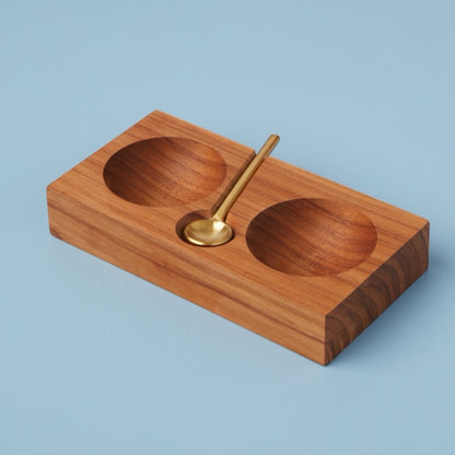 Teak Plank Salt &amp; Pepper Cellar with Gold Spoon