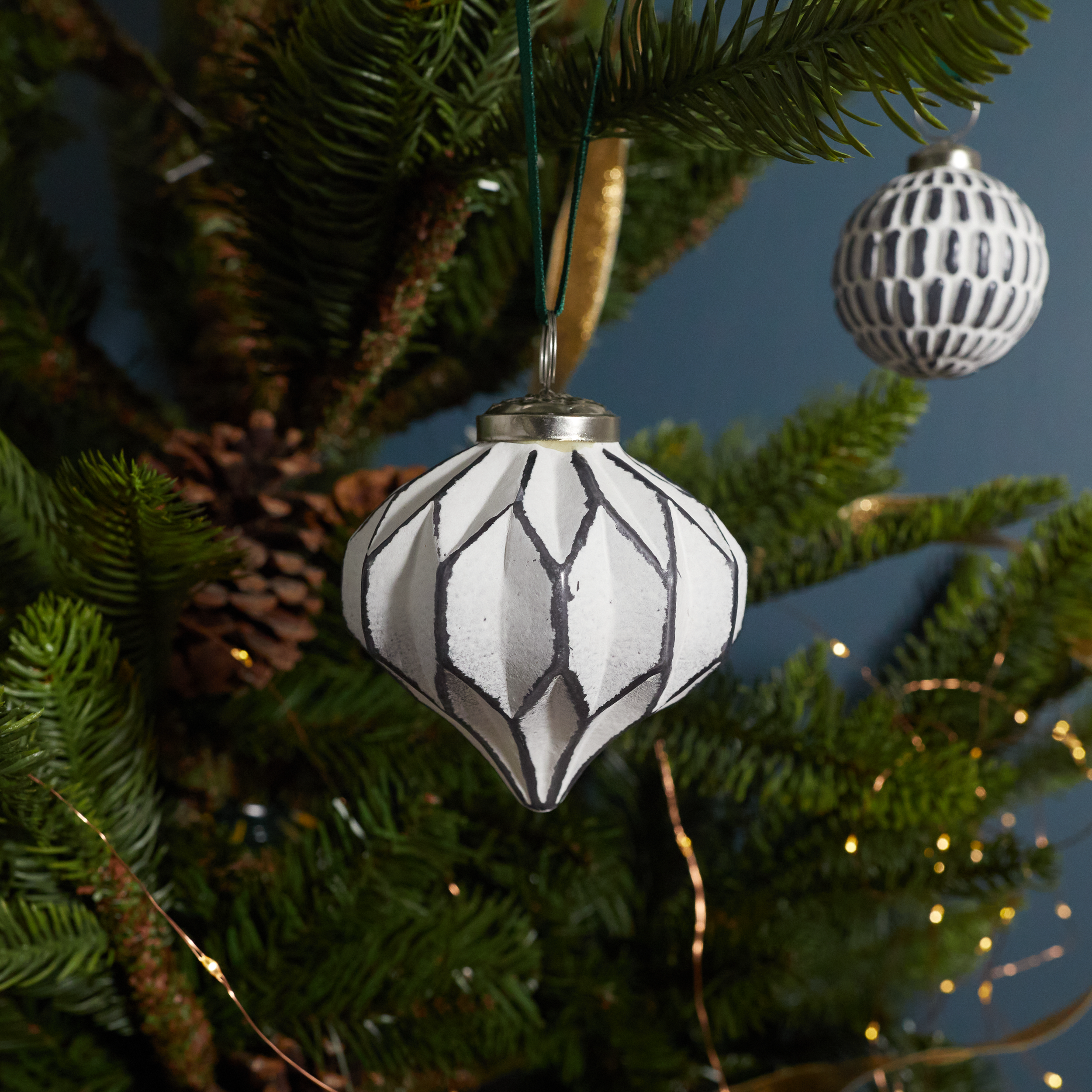 White &amp; Grey Glass Ornament, Faceted Drop