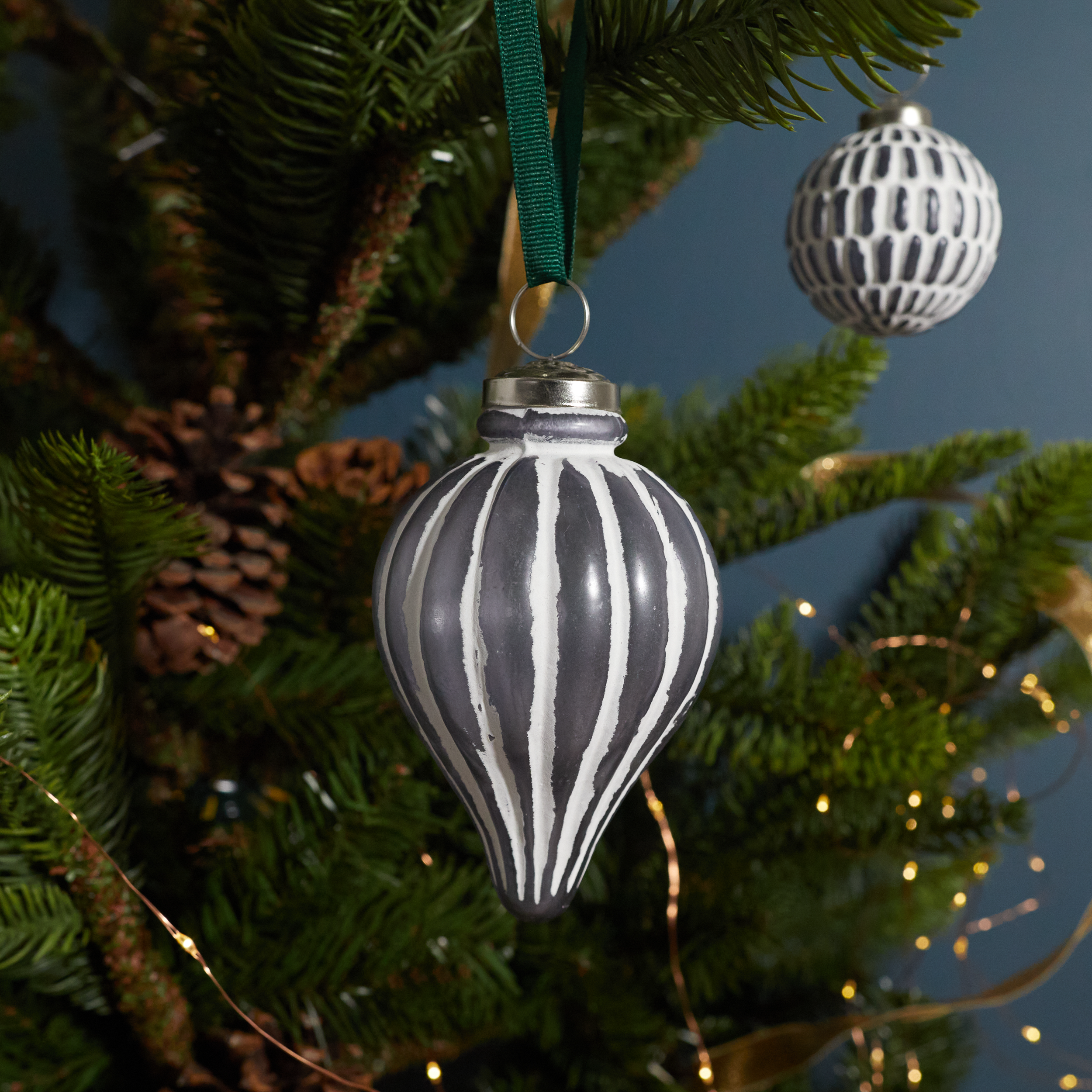 White &amp; Grey Glass Ornament, Long Drop