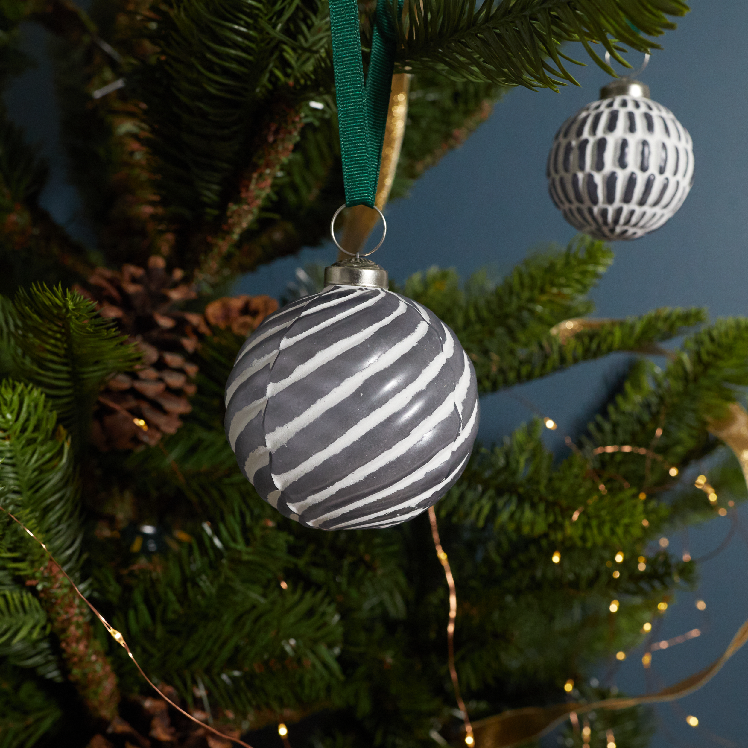 White &amp; Grey Glass Ornament, Spiral Lines Ball
