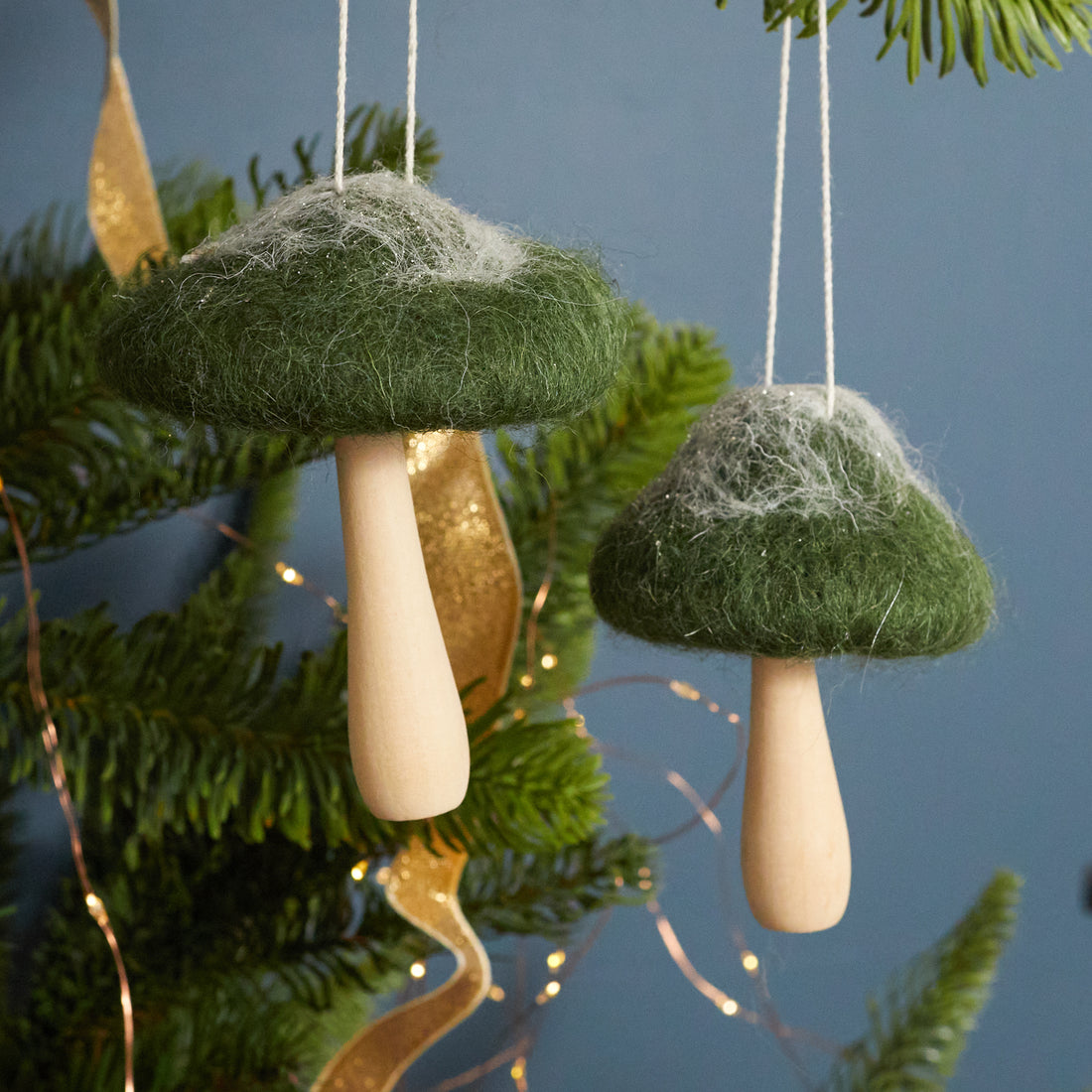 Dark Green Felt Mushroom Ornaments, Set of 2