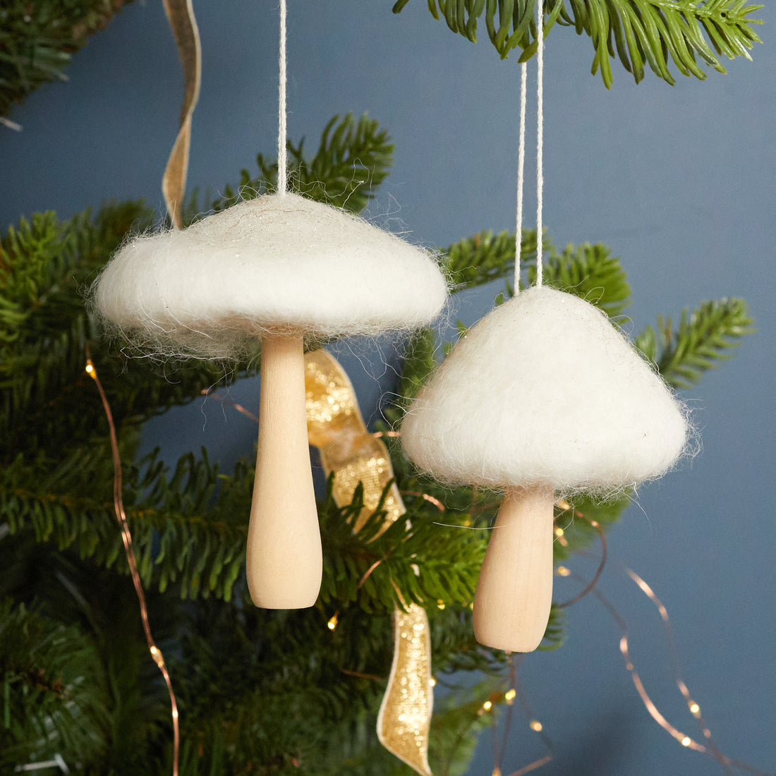 White Felt Mushroom Ornaments, Set of 2