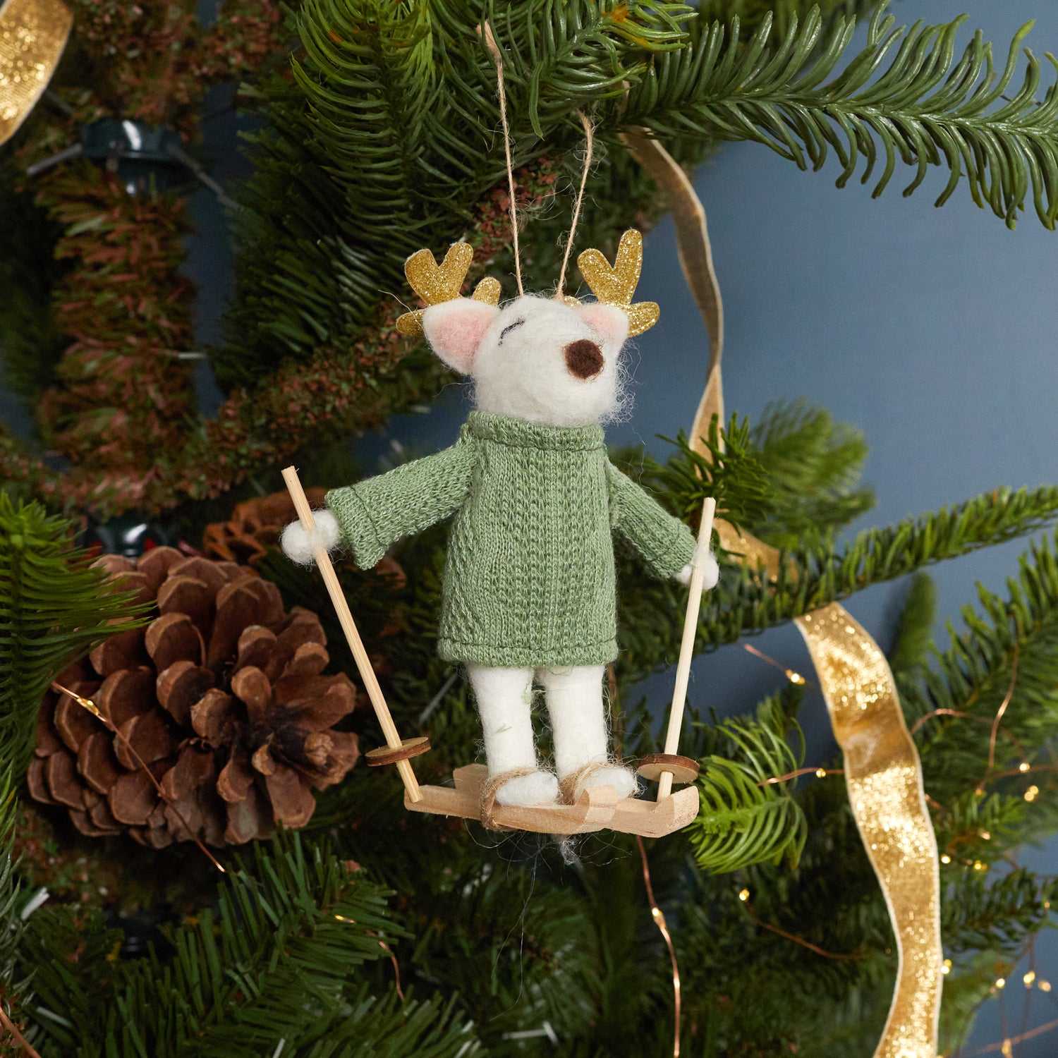 Felt Snow Deer Skier Ornament, Green Cable Knit Sweater