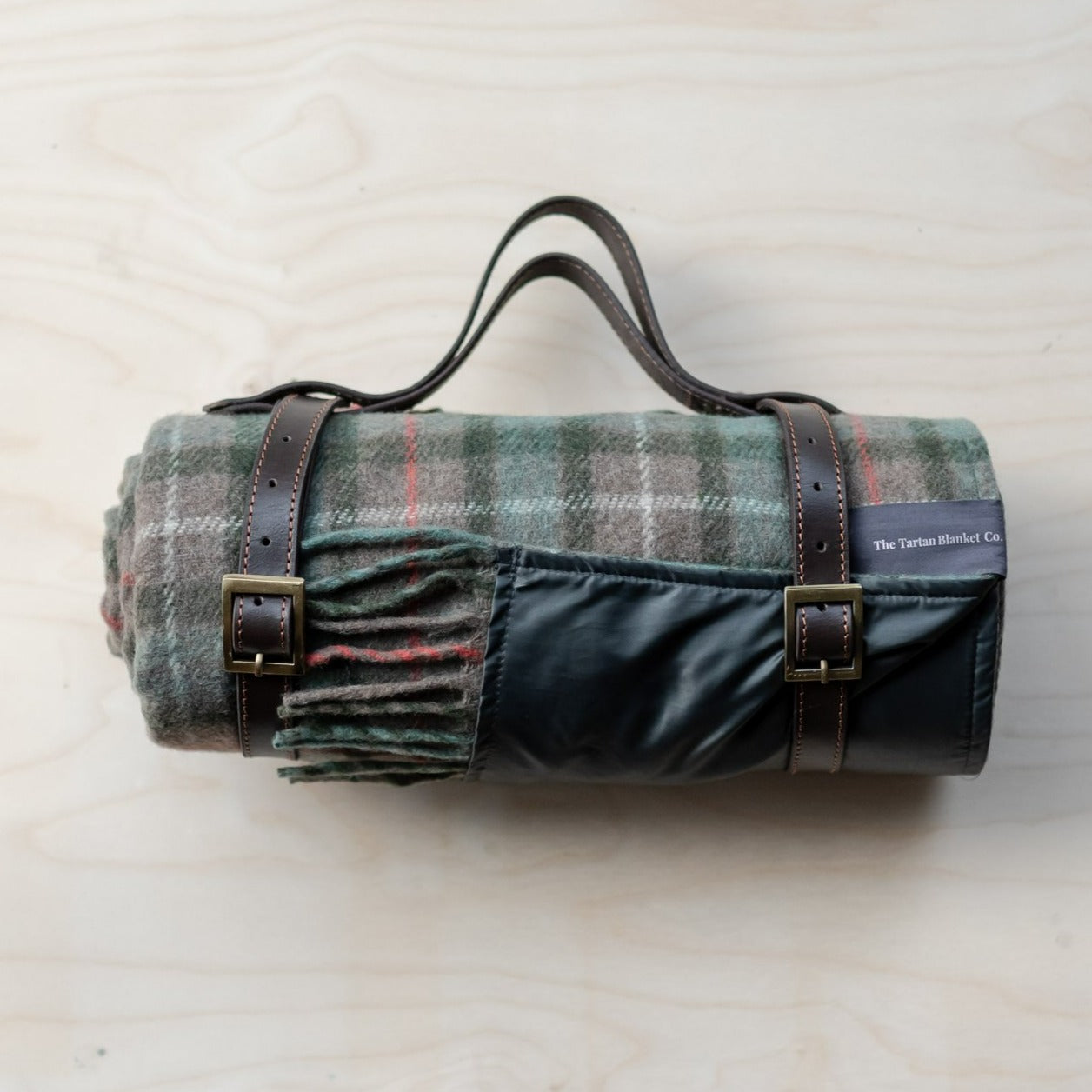 Recycled Wool Waterproof Picnic Blanket in Fraser Hunting Weathered Tartan - Brown Leather