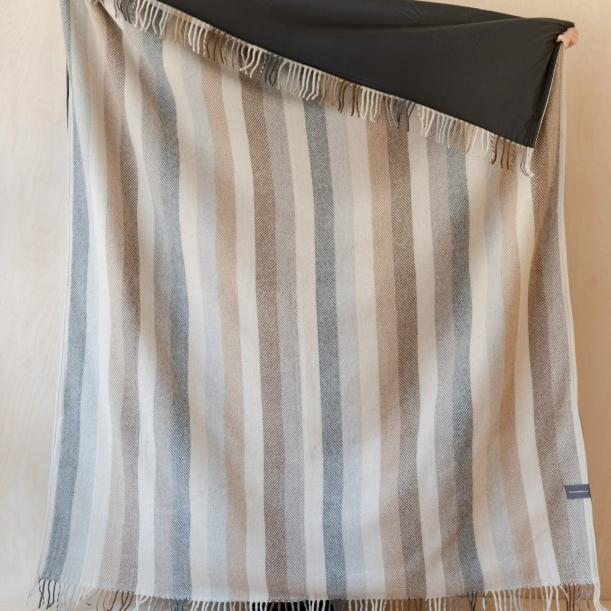 Recycled Wool Waterproof Picnic Blanket in Neutral Stripe - Brown Leather