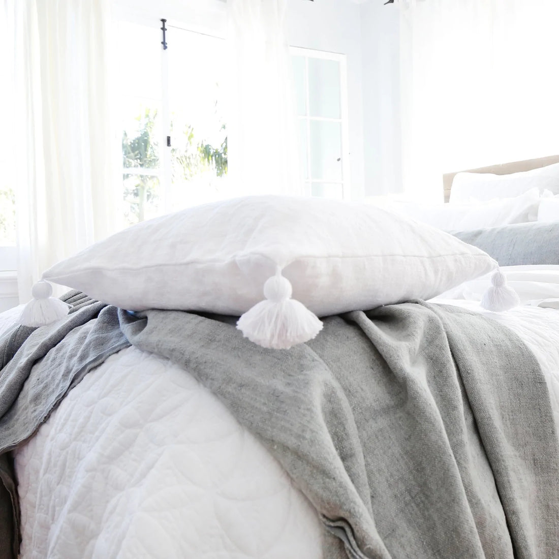 Montauk Square Pillow with Tassels, Pure White