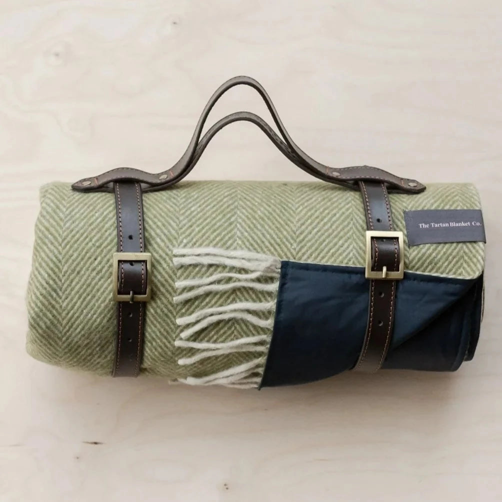 Recycled Wool Waterproof Picnic Blanket in Olive Herringbone