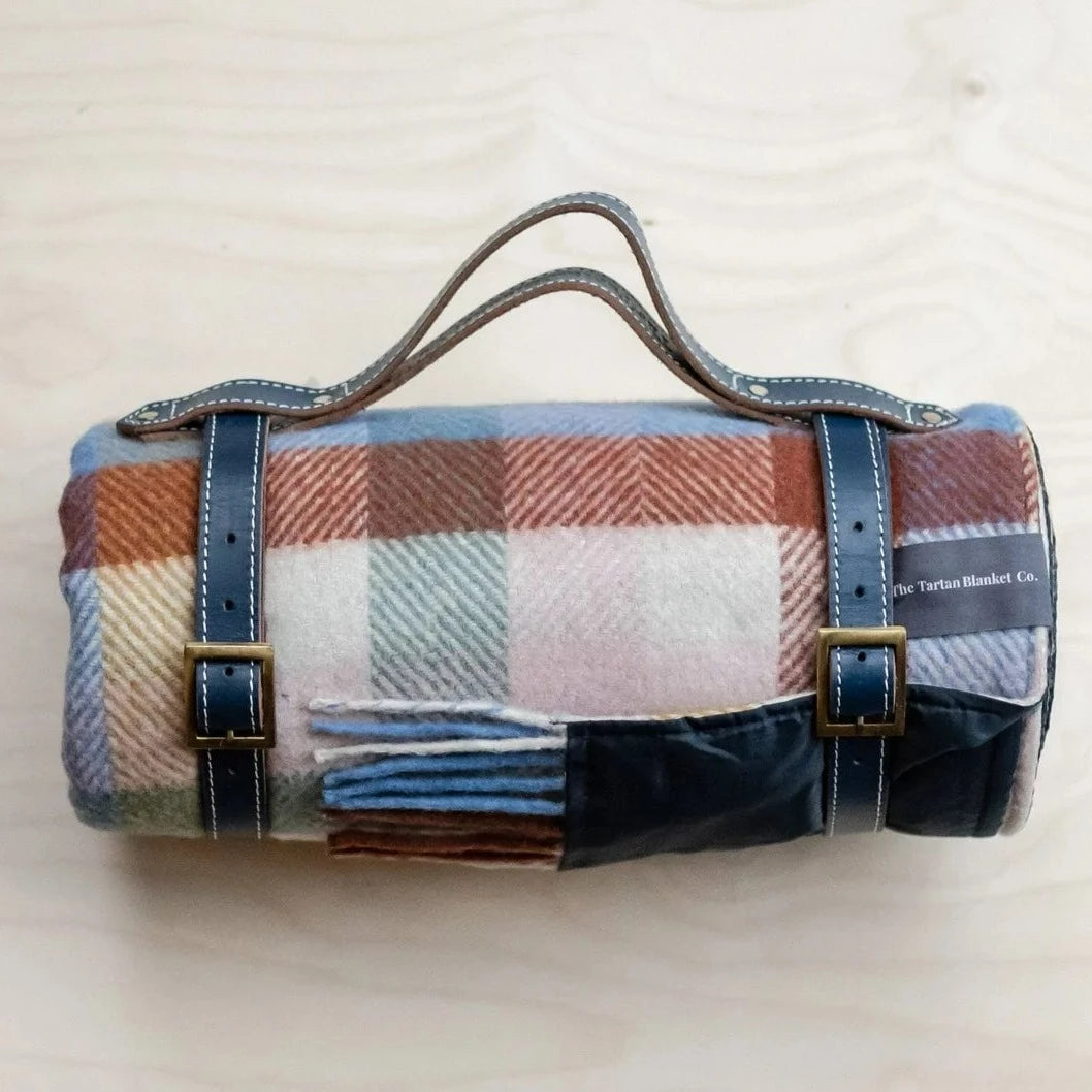 Recycled Wool Waterproof Picnic Blanket in Rainbow Check