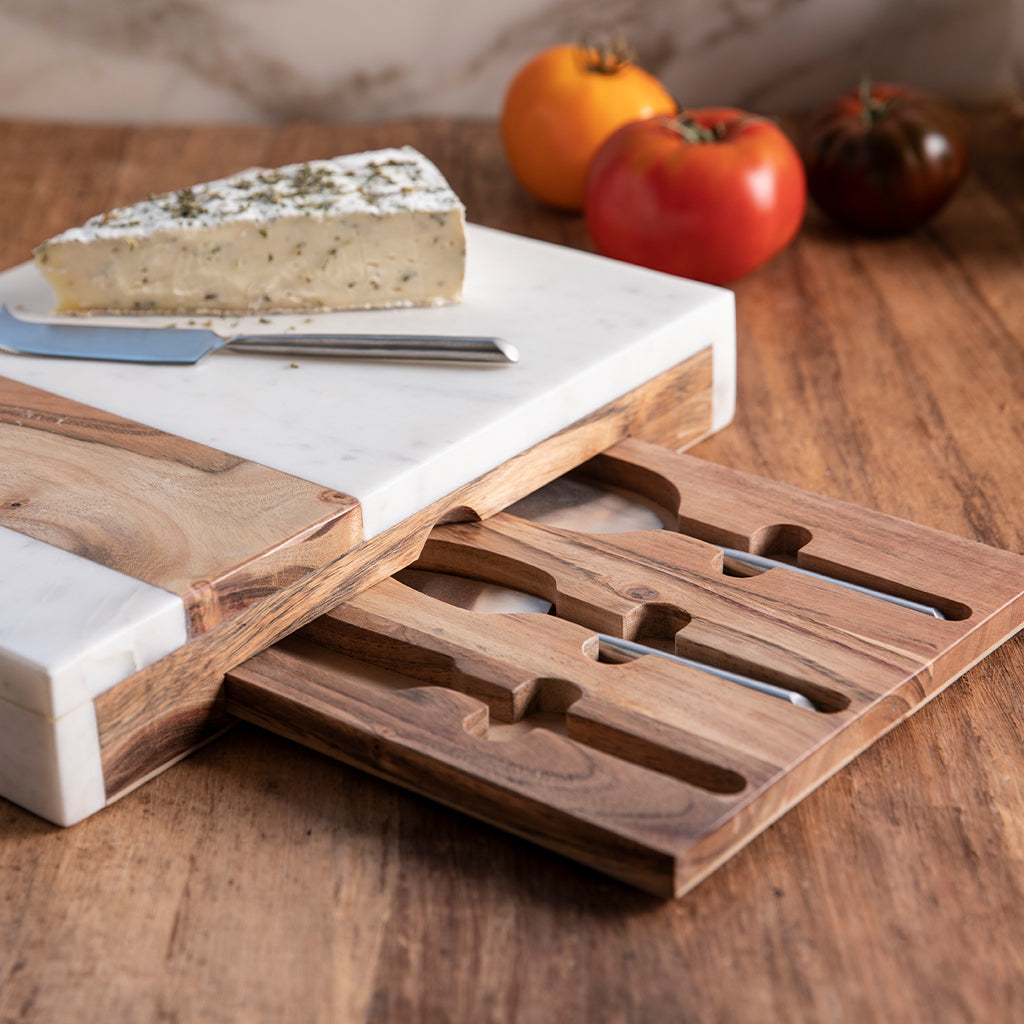 Trieste Large Personalized Cheese Board Set with Cheese Knives - Marble and Wood - Home Wet Bar