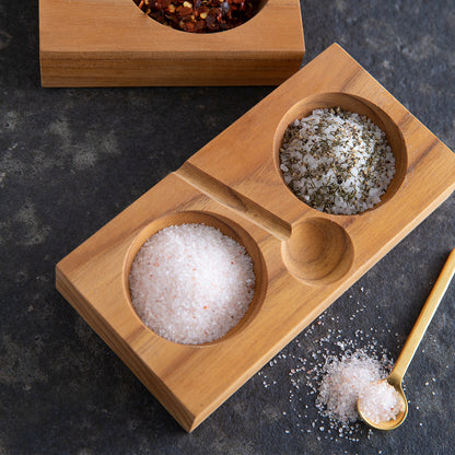 Teak Plank Salt &amp; Pepper Cellar with Gold Spoon