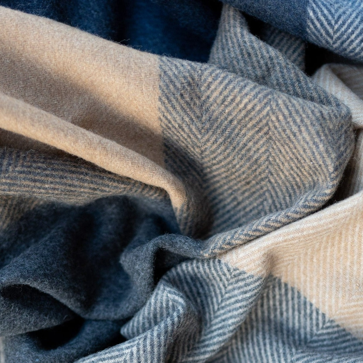 Recycled Wool Blanket in Stone Herringbone Block Check