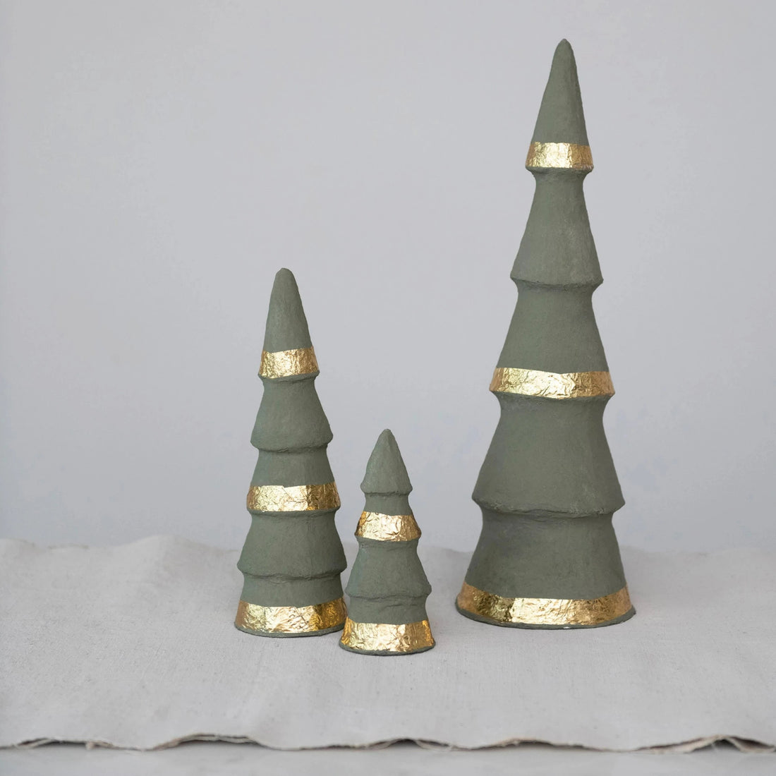Handmade Paper Mache Trees with Gold Foil, Grey, Set of 3