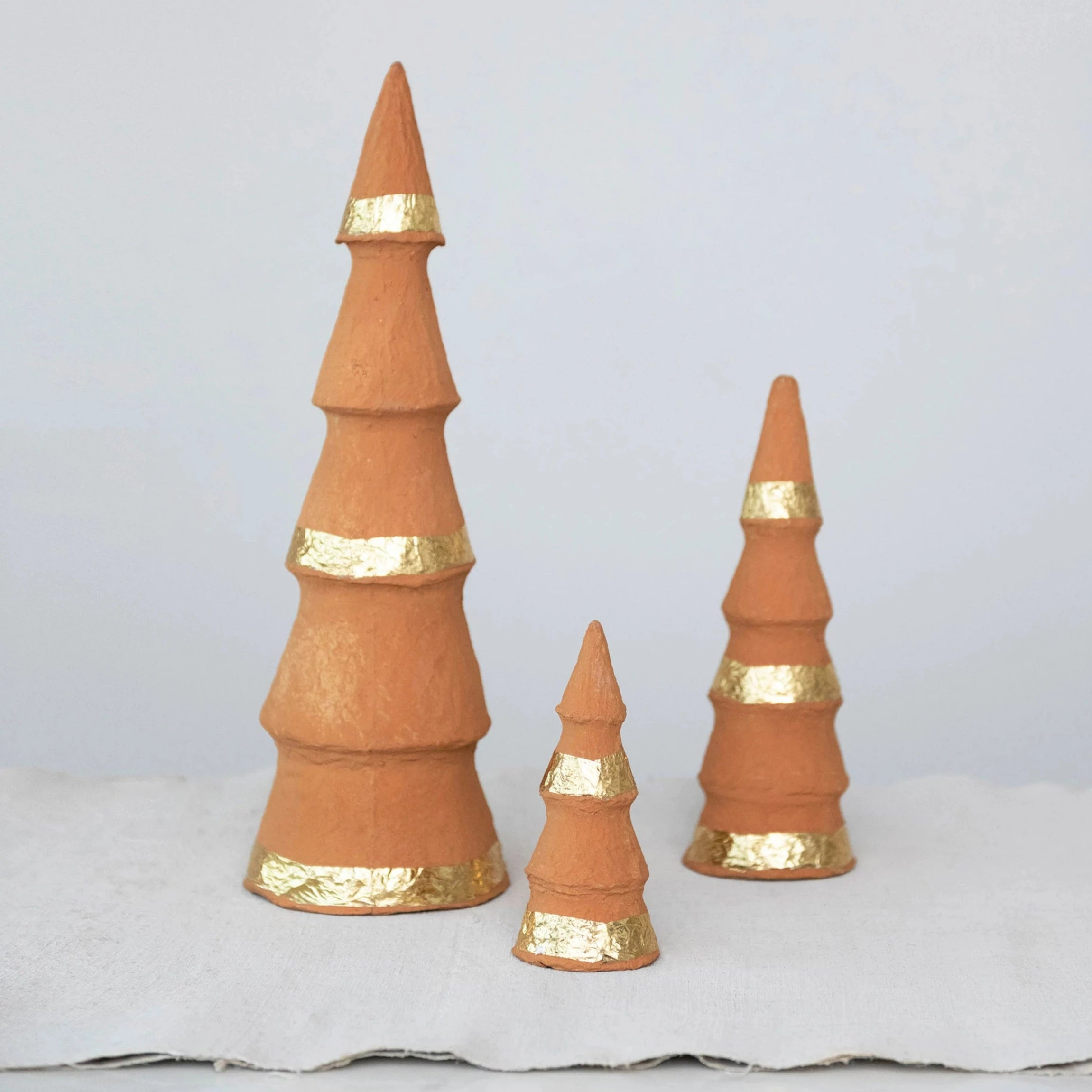 Handmade Paper Mache Trees with Gold Foil, Terracotta, Set of 3